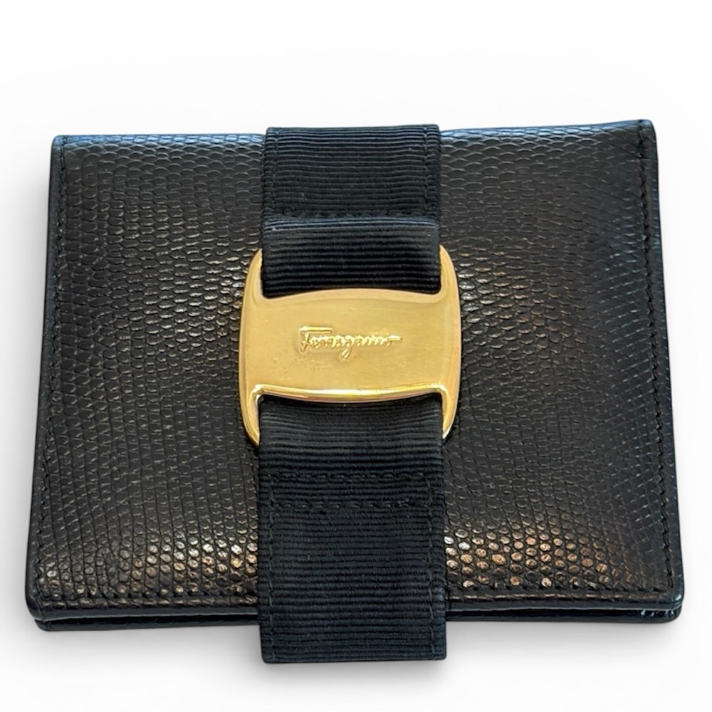 Salvatore Ferragamo Vara Ribbon Lizard Leather Compact Bifold Wallet Like New